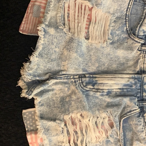 Blue Acid Wash High Waisted USA Flag Denim Shorts - Picture 5 of 10